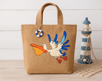 Handmade Jute Pelican Applique Tote Bag: Beach Carryall