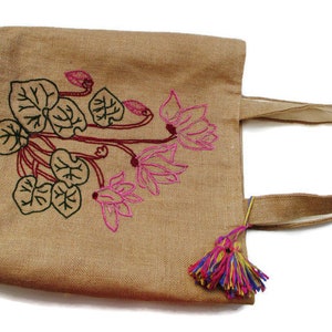 Cyclamen flowers hand embroidered jute tote bag, handmade, mothers day gift, Beach/summer/shopprs/carry all, Casual Tote Bag, image 5