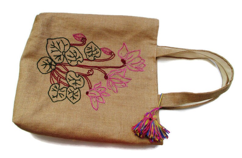 Cyclamen flowers hand embroidered jute tote bag, handmade, mothers day gift, Beach/summer/shopprs/carry all, Casual Tote Bag, image 5