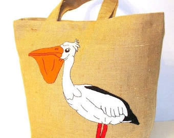 Summer beach tote bag, handmade jute tote, sea bird, hand applique pelican, detailed pelican embroidery, shoppers bag, unique bag