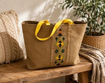 Tribal tote, Hand embroidered Jute bag, Boho Market shopping, artisan beach bag