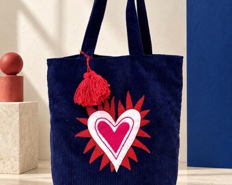Navy Corduroy Tote Bag, Sacred Heart Appliqué Shoulder Bag, OOAK Textile Art