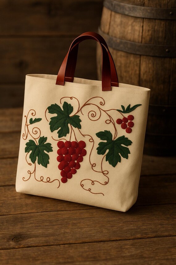Handmade Canvas Tote Bag: Appliqued Grapevine Design 
