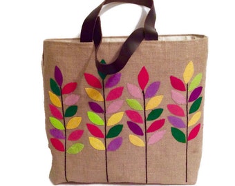 Boho Jute tote bag, hand appliqued with colorful  branches, handmade ,summer tote bag, shoppers, beach bag, ZOLA