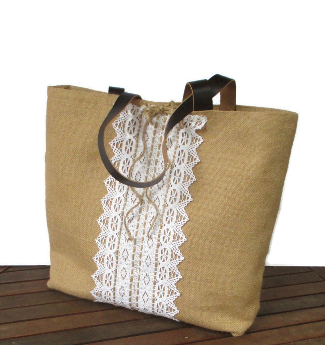 Lace jute tote bag handmade bag genuine leather straps with Etsy
