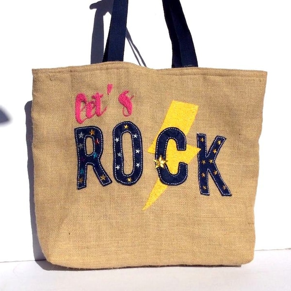 Lets Rock Star jute tote bag, handmade, hand embroidered, hand appliqued, handmade, shoppers bag