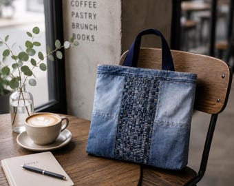 Denim tote bag,handmade,repurposed, sustainable fashion/zero waste/unique summer gift