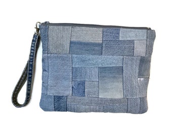 Custodia da polso Sashiko sostenibile cucita a mano, pochette in denim riciclato con cinturino, unisex, coscienza ecologica, realtà zero rifiuti