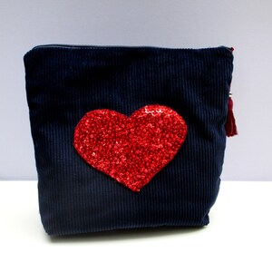 Blue corduroy pouch, hand embroidered with bead red heart, handmade valentines day LOVE gift, lavish pouch, FREYA image 2
