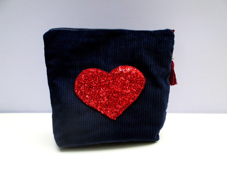 Blue corduroy pouch, hand embroidered with bead red heart, handmade valentines day LOVE gift, lavish pouch, FREYA image 2