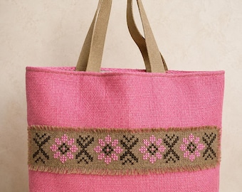 Hand Embroidered Linen Tote Bag, Pink Boho Tote, Rustic Linen Shoulder Bag, Handmade Summer Bag, Upcycled Textile Tote, Cottagecore Gift