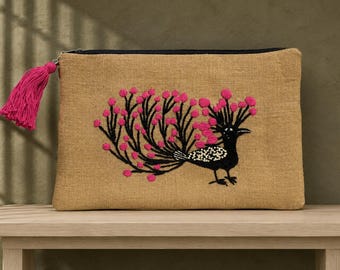 Oversized Jute Clutch Bag, Hand Embroidered Exotic Bird, Tablet Pouch
