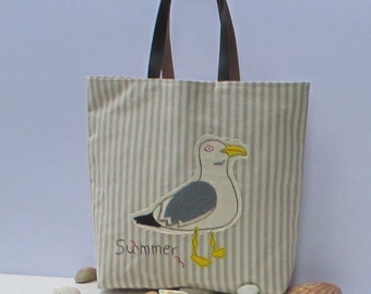 Seagull themed bag, handmade canvas bag, LES MOUETTES, hand appliqued, shoulder bag, luxury boho style bag, summer tote, beach tote