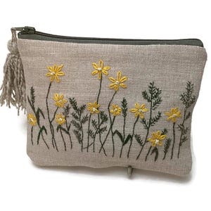 Floral Linen pouch bag, hand embroidered daisies, slim shape, One of a kind handmade pouch, accessories case,unique, easter gift