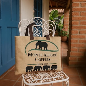 Elephants Upcycled coffee bean sack bag, hand appliqued, shoppers bag, beach bag, eco friendly, ZERO WASTE,sustainable bag
