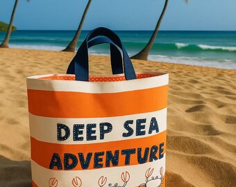 Handmade Embroidered Crab Tote Bag: Orange Striped Canvas Beach Bag