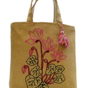 Cyclamen flowers hand embroidered jute tote bag, handmade, mothers day gift, Beach/summer/shopprs/carry all, Casual Tote Bag, image 2