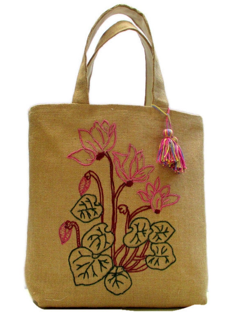 Cyclamen flowers hand embroidered jute tote bag, handmade, mothers day gift, Beach/summer/shopprs/carry all, Casual Tote Bag, image 2