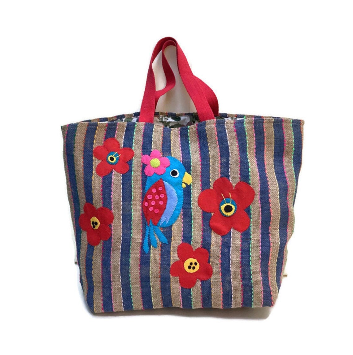 Extra Large Jute Tote Bag Hand Embroidered at Both Sides Etsy