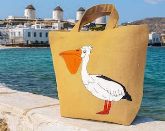 Handmade Jute Tote Bag: Embroidered Pelican Applique, Beach Shopper