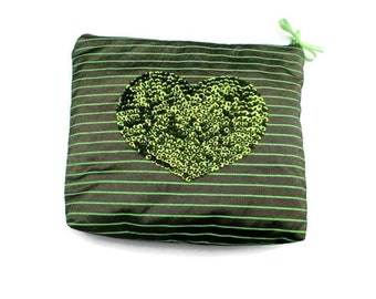 Green Silk pouch, hand embroidered with green beaded/sequined heart, Valentine's day gift, unique item AMANDA