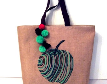 GREEN APPLE jute tote bag, handmade, hand embroidered, shoppers bag, summer, beach bag, eco friendly