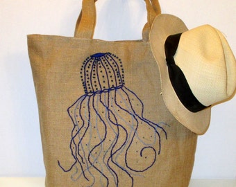 Boho tote bag, Handmade,  jute bag, hand embroidered jelly fish with blue beads detailing, summer/beach/shoppers/vacations bag