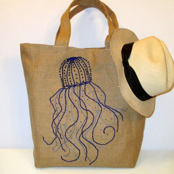 Boho tote bag, Handmade,  jute bag, hand embroidered jelly fish with blue beads detailing, summer/beach/shoppers/vacations bag