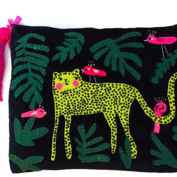 Handmade Jungle Scene Black Velvet Pochette - Exquisite Hand Appliqued and Embroidered - Unique Christmas Gift