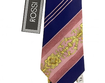 Gravata de seda vintage Versace: listras rosa marinho, motivo barroco dourado, italiana dos anos 90
