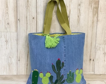 Handmade Denim Tote Bag: Embroidered Cactus Appliqué, Green Tassel