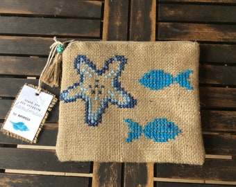 Seastar jute pouch bag, hand embroidered, boho pouch, handmade, accessories pouch,summer pouch