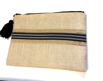 Handmade Beige Linen Clutch: Minimalist Pouch with Ribbon & Tassel