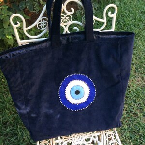 Boho Blue Corduroy Oversized Tote Bag with Artisan Embroidered Amulet,Unique Gift Idea,stylish
