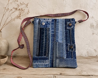 One of a Kind Denim Crossbody Bag – Upcycled Jeans Patchwork Shoulder Bag – Handmade in Athens