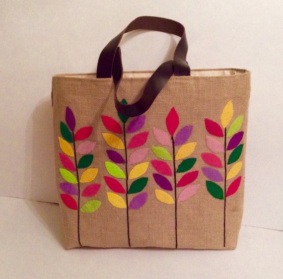 Jute tote bag hand appliqued with colorful branches | Etsy