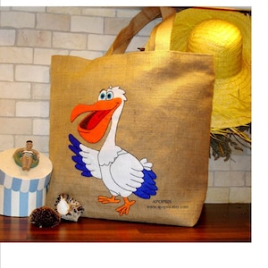 Bolso tote Pelican Yute con aplique de mano, bordado detallado/hecho a mano/shopper/pájaros marinos/bolso de vacaciones/accesorios de veranoregalo personalizado