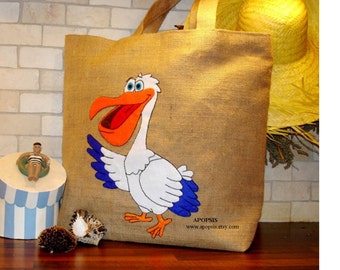 Pelican Jute tote bag hand applique,detailed embroidery/handmade/shoppers/sea birds/vacations bag/summer accessoriespersonalised gift