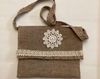 Handmade Jute Crossbody Bag with Crochet Lace | Rustic Linen Style Shoulder | Mediterranean Boho  | One of a Kind