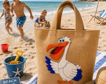 Handmade Pelican Appliqué Jute Tote Bag, Beach Tote, Coastal Shopper, Summer Vacation Bag, Seaside Gift, Eco Friendly Tote