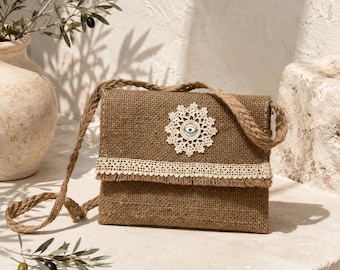 Handmade Jute Crossbody Bag with Crochet Lace | Rustic Linen Style Shoulder | Mediterranean Boho  | One of a Kind