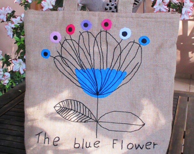 ERINA Jute Tote Bag Hand Embroidered With Blue Flower Jute Tote Bag ...