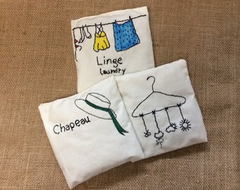 Lavender sachets gift set with natural organic lavender buds, hand embroidered French words, LIGNE