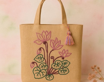 Handmade Jute Tote Bag with Embroidered Cyclamens – Boho Eco-Friendly Shoulder Bag