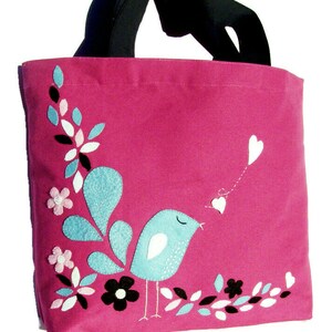 Pink canvas tote bag, handcrafted, artisan, hand appliqued little blue bird, stylish shoppers, carryall, unique image 3