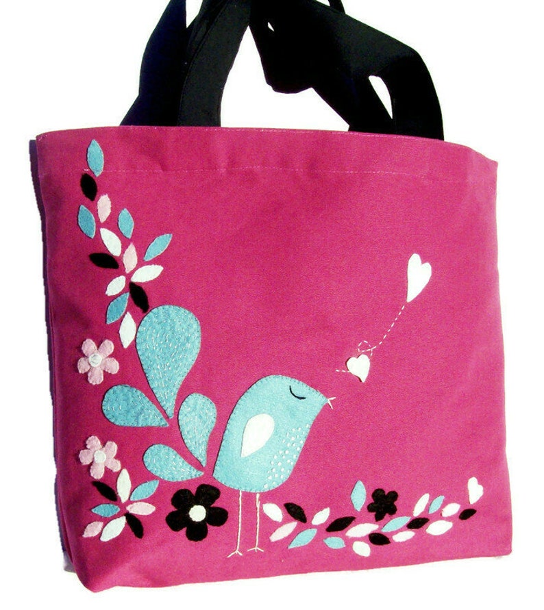 Pink canvas tote bag, handcrafted, artisan, hand appliqued little blue bird, stylish shoppers, carryall, unique image 3