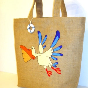 Seabird themed bag, Summer jute bag, hand applique, pelican bag, handmade, beach, summer tote, carryall, boho bag image 3