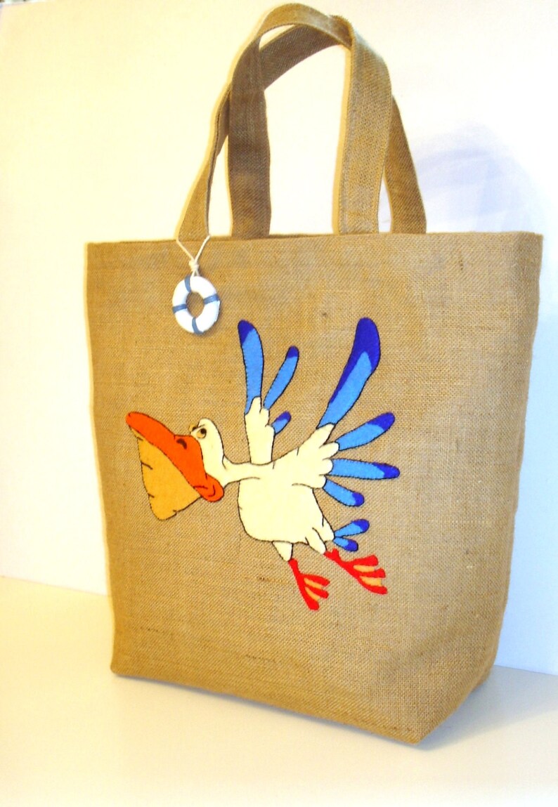 Seabird themed bag, Summer jute bag, hand applique, pelican bag, handmade, beach, summer tote, carryall, boho bag image 3