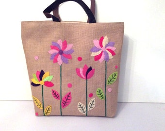 Floral jute tote bag, applique with pink bold flowers, handmade shoppers, beach, summer bag PINK WIND MILS