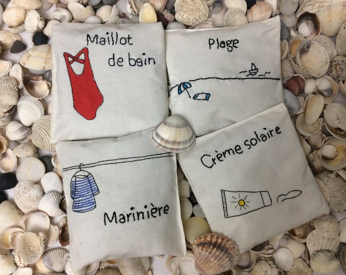 Lavender sachet gift set with natural organic lavender buds, hand embroidered French words A LA PLAGE